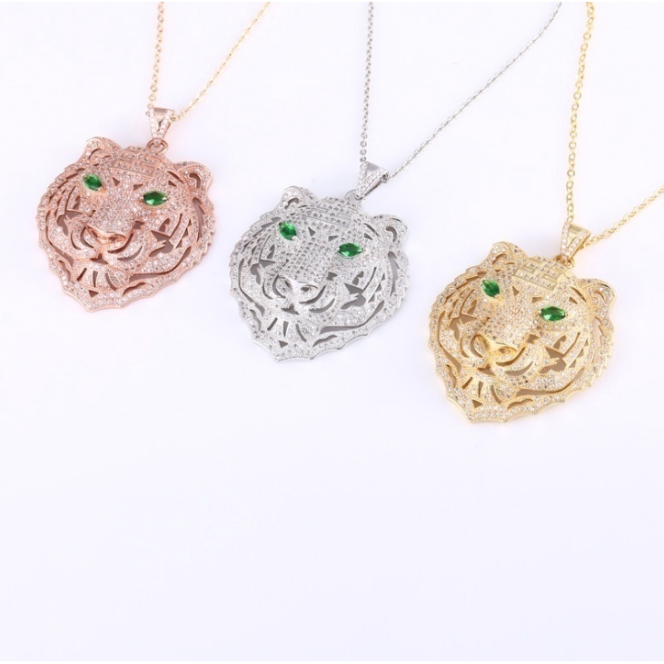 Vòng cổ mặt hình con hổ chất liệu đồng 100% đính đá zircon phong cách hip hop dành cho nam