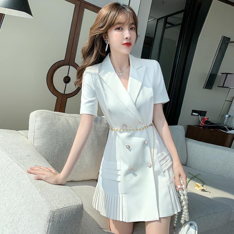 Váy công sở cổ vest xếp ly ngắn tay (size lớn) - V14H