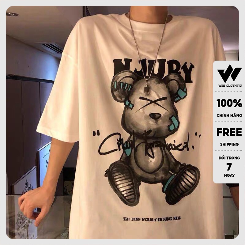 Áo phông nam WIIS tay lỡ unisex form rộng Gấu NJURY thun oversize nam nữ ulzzang