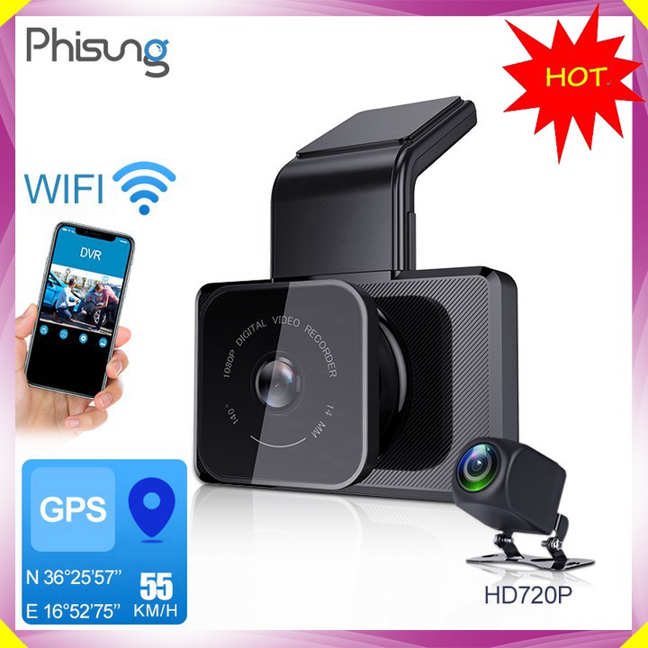 Camera hành trình ô tô cao cấp Phisung tích hợp camera sau Wifi GPS - Mã K10 - Hàng Nhập Khẩu Chính Hãng