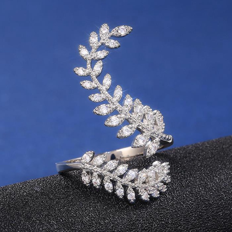 Nhẫn mạ bạc hình chiếc lá dài đính đá zircon sáng tạo thời trang cho nữ