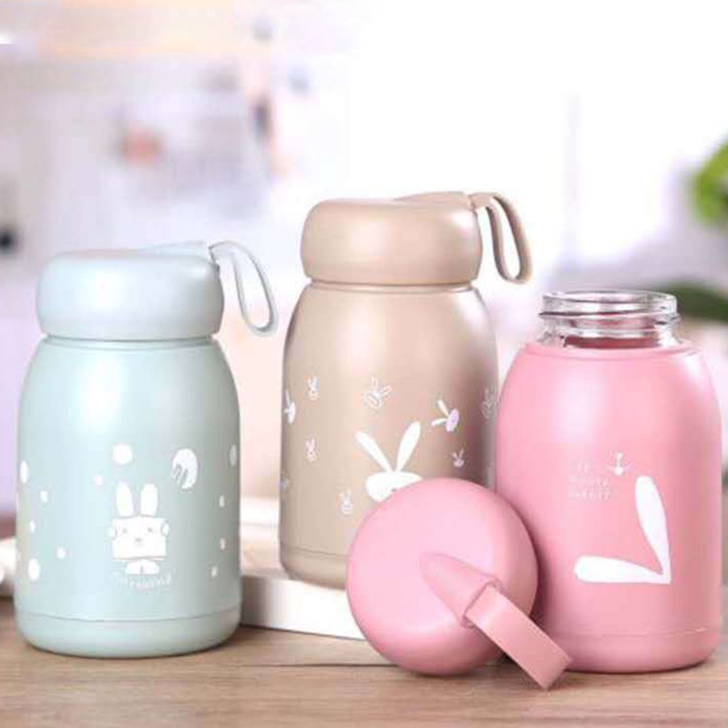 Bình nước JUJIAJIA hai lớp thủy tinh họa tiết thỏ màu sáng tạo đáng yêu