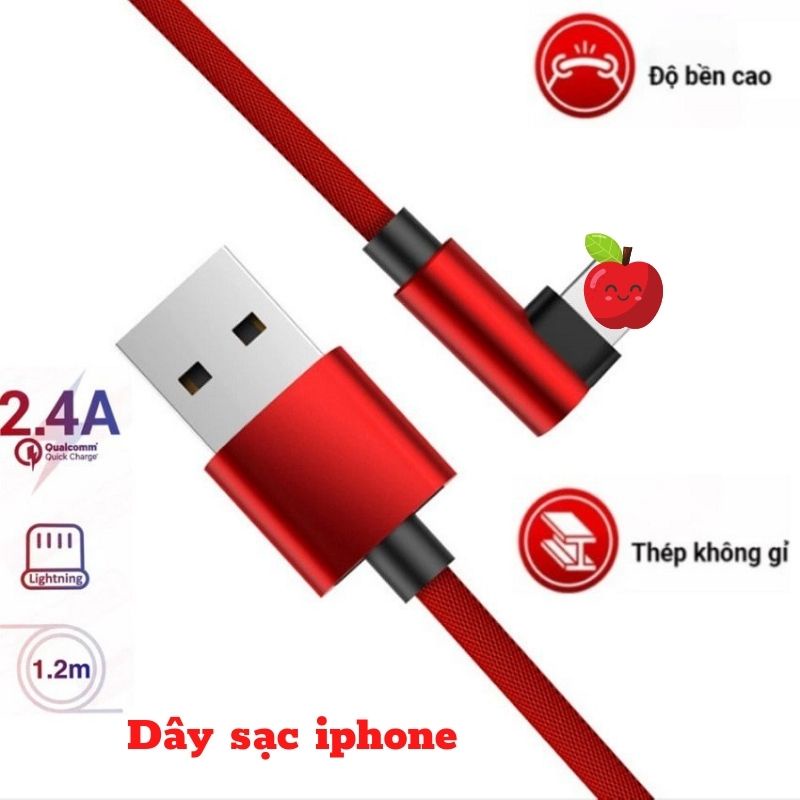 Dây sạc IP,Cáp sạc IP,Dây Cáp sạc dài 1m2 thiết kế sạc chân ngang chống dứt gãy chân sạc