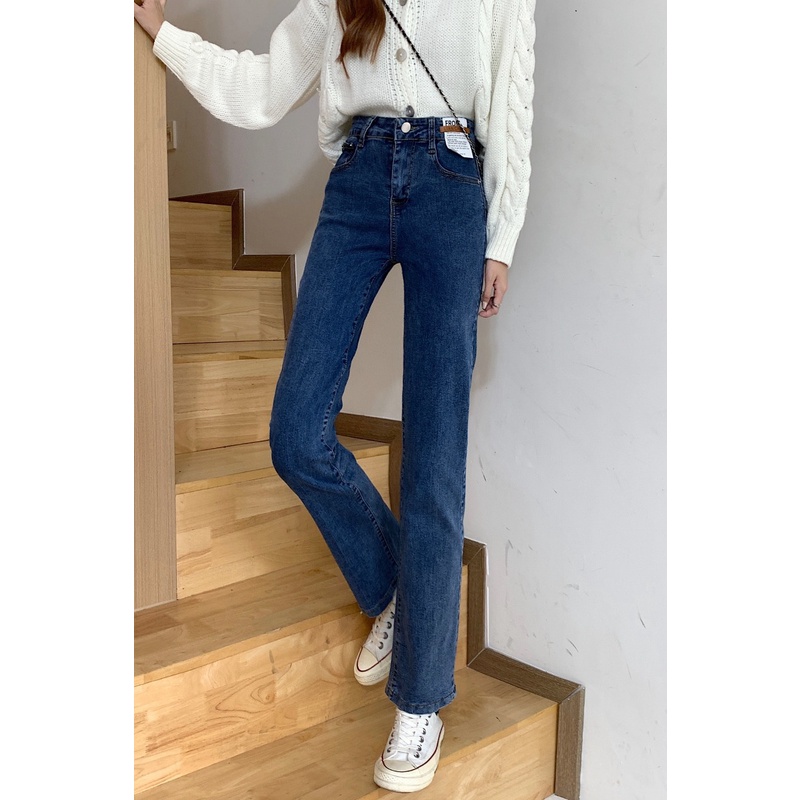 Quần Jeans Lưng Cao Ống Đứng Màu Xanh Dương Phong Cách Hàn Quốc Thời Trang Mùa Thu Cho Nữ 2021