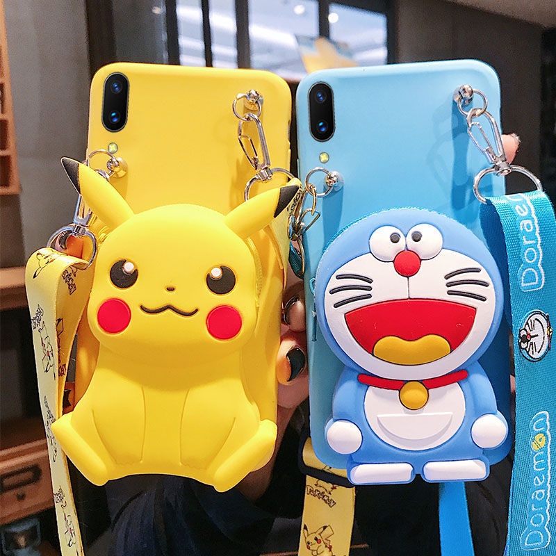 For iPhone 6 6S 7 8 Plus X XS MAX XR 13 12 Mini 11 Pro Max Cartoon Soft TPU Coin Back Cover Cute 3D Pikachu Doraemon Wallet Bags Phone Case With Lanyard