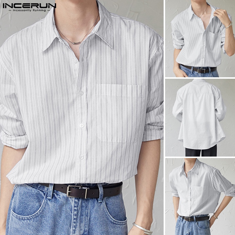 INCERUN Áo Sơ Mi Nam Baggy Tay Dài Họa Tiết Sọc Dọc Thời Trang