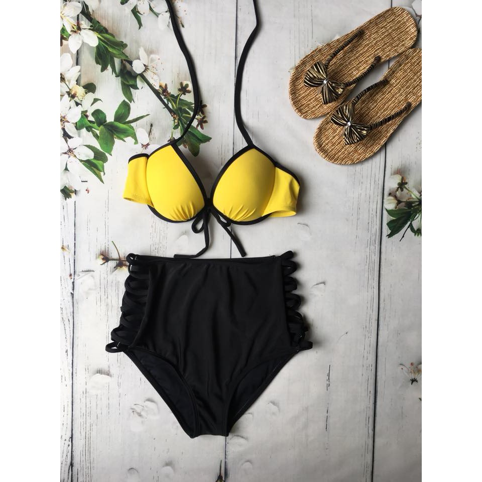 Bikini 2 mảnh quần cạp cao. Hai màu vàng &amp; đỏ.