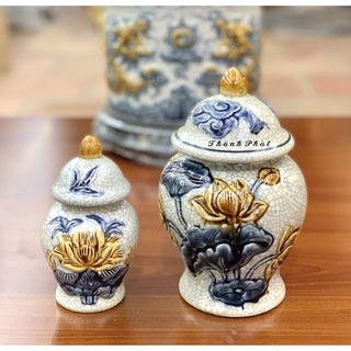 Choé thờ men rạn đắp nổi bát tràng, choé đựng muối gạo nước men rạn, hũ đựng muối gạo thờ cúng