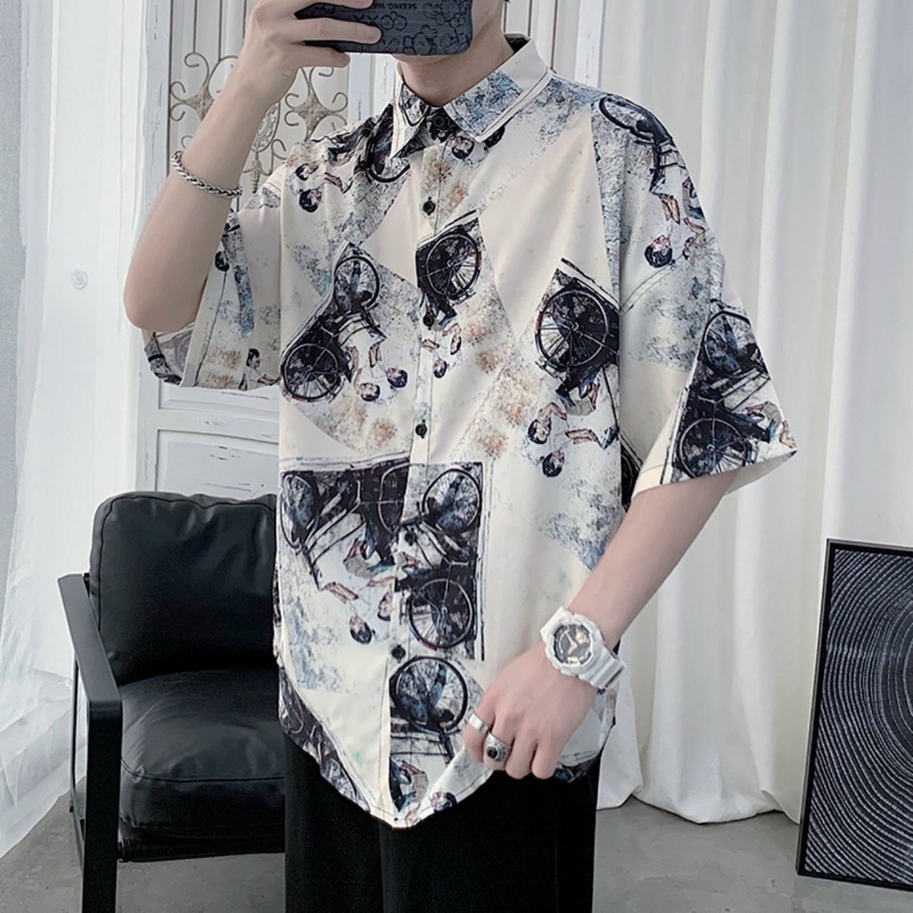 [Mã FAMAYMA2 giảm 10K đơn 50K] Áo sơ mi ngắn tay form rộng chất vải voan lụa cao cấp in hình họa tiết lịch lãm
