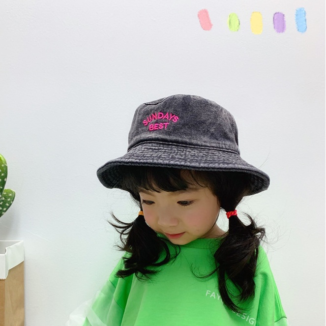 Nón Vành Denim Thêu Chữ Phong Cách Harajuku Nhật Bản Cho Trẻ Em