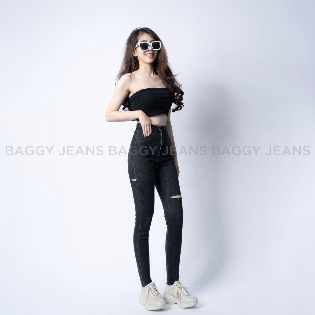 Quần Jean Cạp Cao Co Giãn Tôn Dáng, Quần VNXK Skinny Chất Mịn Rách Ít 2 Màu