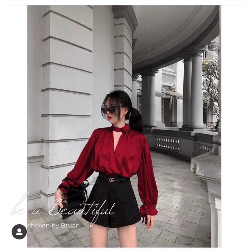 [Mã FAXANH245 giảm 10K đơn 50K] ⚡️BÁN SI⚡️Áo sơ mi lụa cổ V choker 2 màu