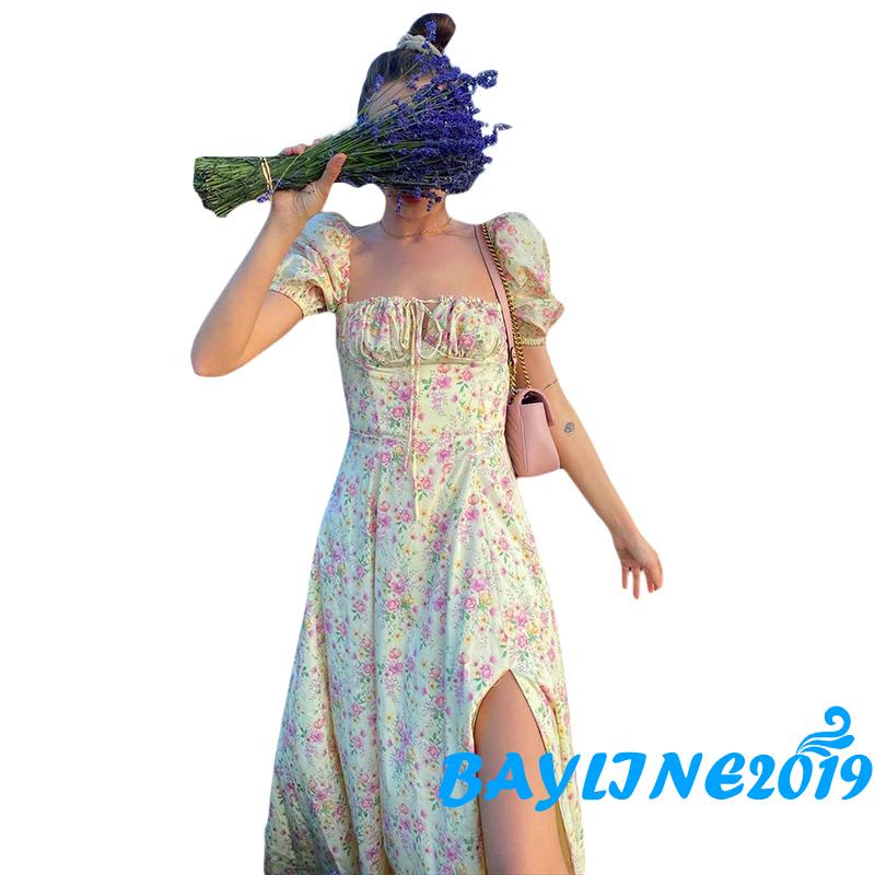 Đầm tay ngắn phồng dáng dài in họa tiết hoa thời trang cho nữ