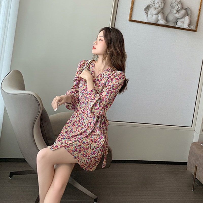 IELGY IELGY Đầm chiffon Chữ A Tay Dài Dáng Ôm In Họa Tiết Hoa Thời Trang Cho Nữ