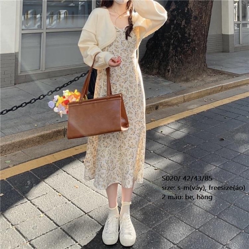 Set váy hoa nhí vintage dáng dài style Hàn quốc + khoác len Cardigan croptop dây buộc nơ cổ, tay phồng xinh xắn