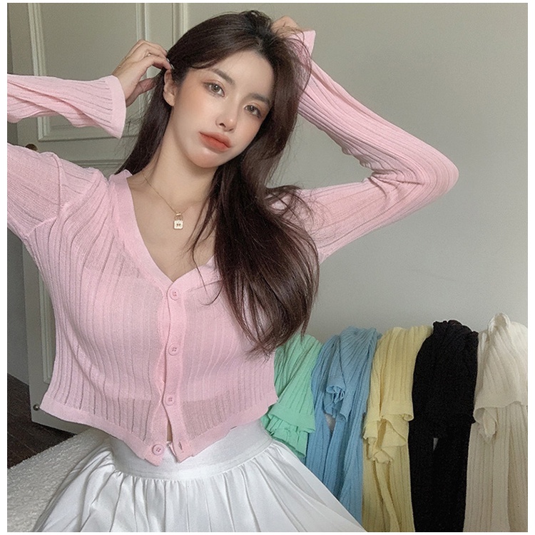 Áo khoác len cardigan croptop dệt kim tay dài ulzzang kiểu mỏng phong cách Hàn Quốc đẹp nhất 2021_K2C9