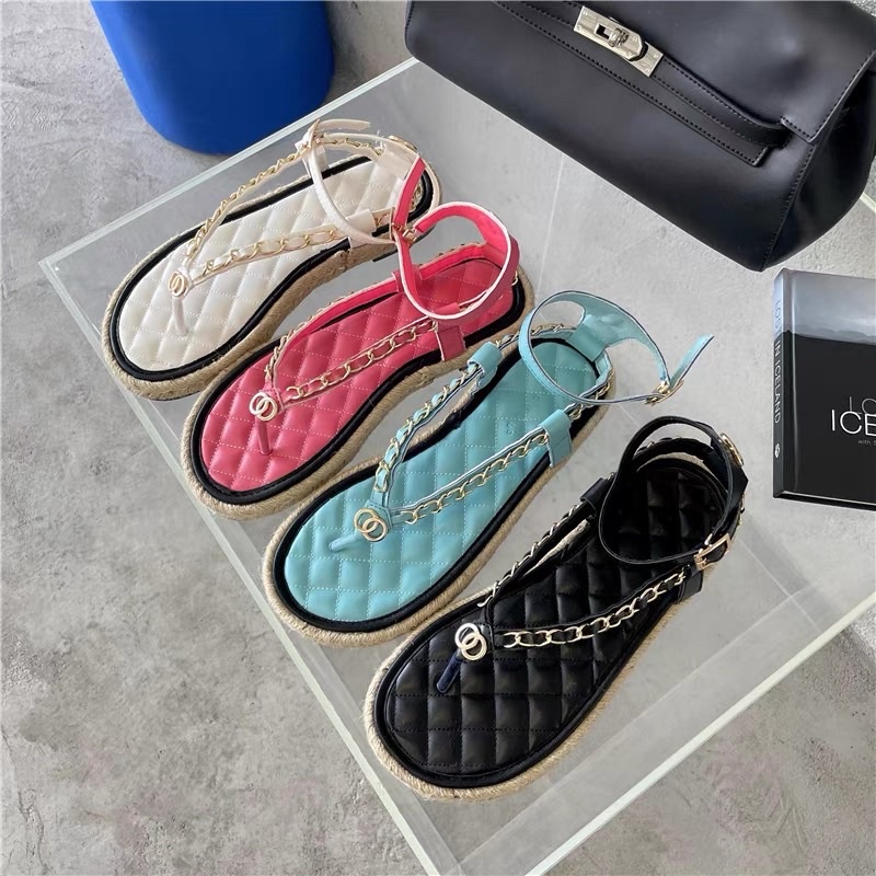 Sandal chanel xỏ ngón xích đế cói trần trám [ Hàng order ]