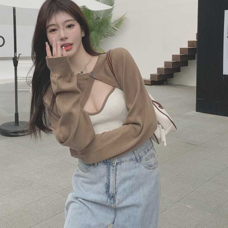 Set áo hai dây và áo choàng ZHELIHANGFEI dệt kim tay dài thiết kế độc đáo