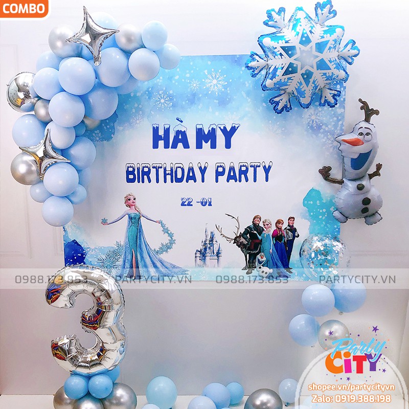 Set Trang Trí Sinh Nhật Elsa Kèm Background Sinh Nhật, Thôi Nôi, Đầy Tháng In Tên Cho Bé Gái