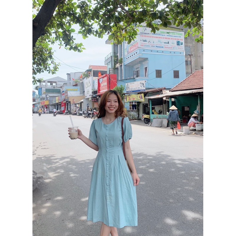 Đầm linen tưng khuy bọc