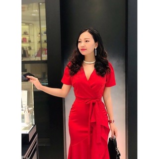Đầm body cổ tim lai bèo thắt eo