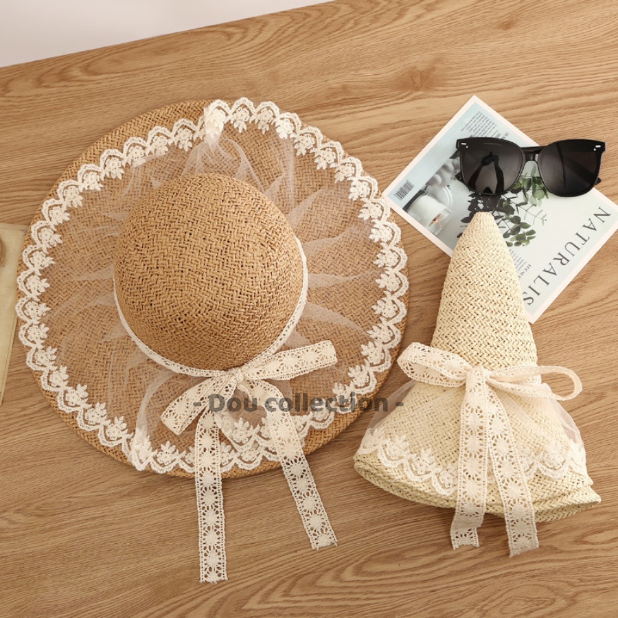 [NowShip2h] Nón Cói (Mũ Cói) Rơm Raffia Mềm Có Thể Gấp Gọn Sợi Tự Nhiên Phối Ren Chống Nắng Đi Biển - Mã NC027