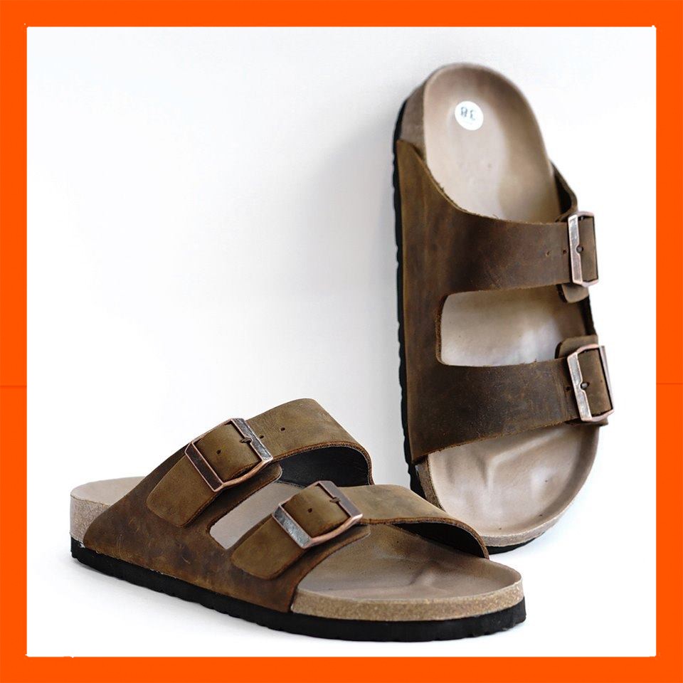 [CAO CẤP] Dép đế trấu nam màu nâu QUAI NGANG da bò thật 2 lớp unisex CHỐNG THẤM MỒ HÔI chịu nước BH 6 tháng birken stock