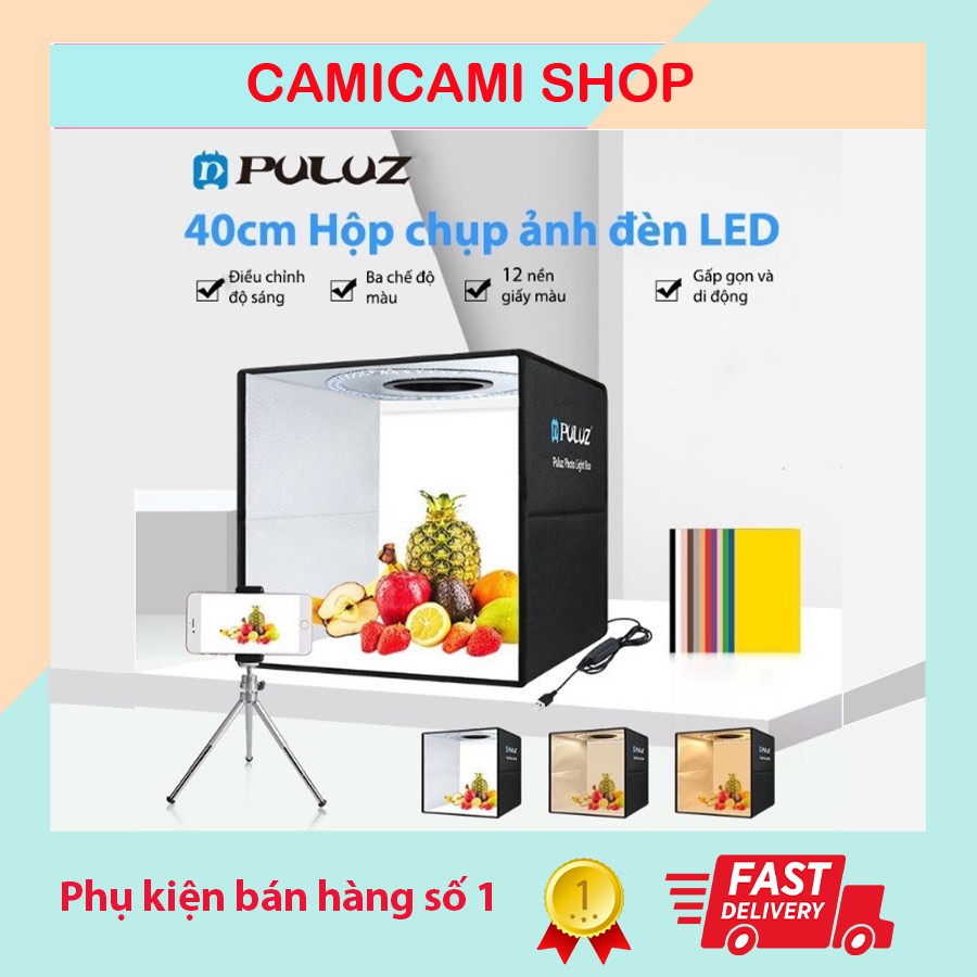 Hộp chụp hình sản phẩm 40x40 Puluz hộp chụp ảnh sản phẩm siêu sáng 12 phông nền