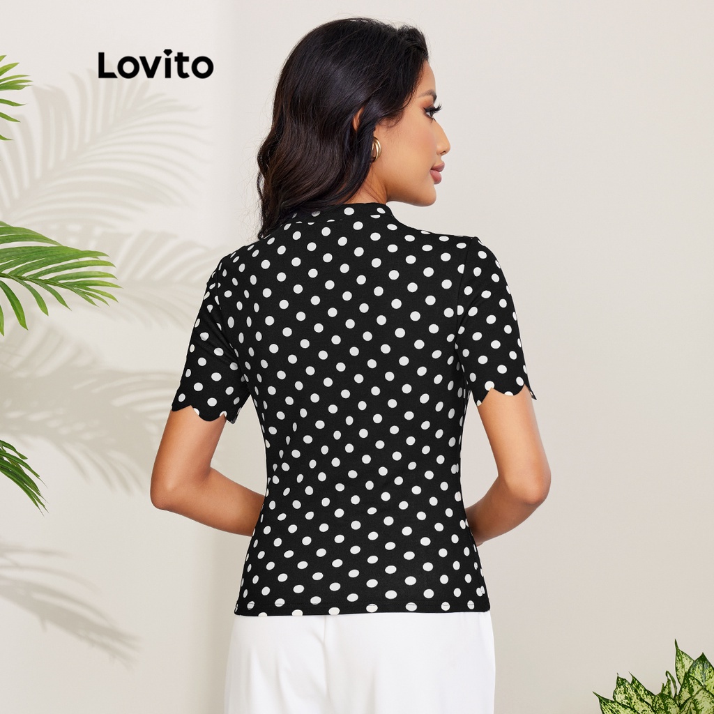 Áo thun Lovito thiết kế ren tương phản họa tiết chấm bi L27LD072 (màu đen)