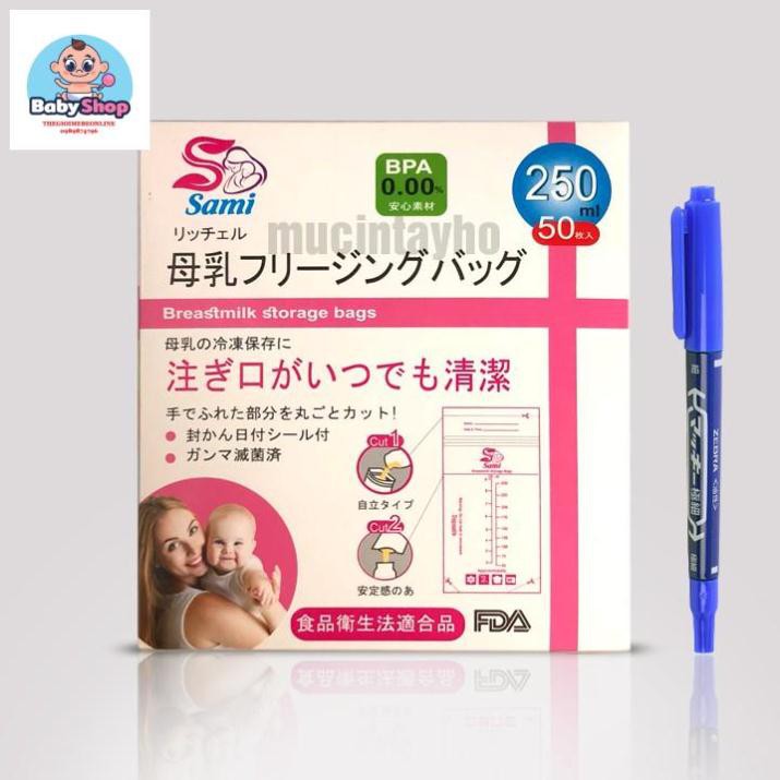 [Tặng 1 bút ghi chú] Túi trữ sữa Sami Nhật Bản 250ml - 50 túi
