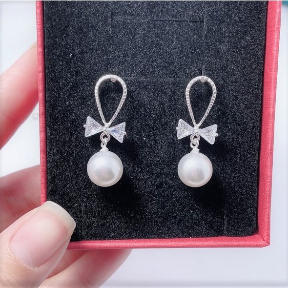 Bông tai bạc ta hình nơ đính hạt trai sang trọng - Trang sức bạc Evasilver
