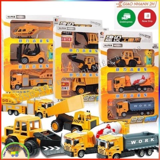 Đồ chơi Hộp 3 xe ô tô công trường bộ sưu tập mô hình xe cẩu, xe bom, xe tải, máy bay, xe bồn bê tông TKMB