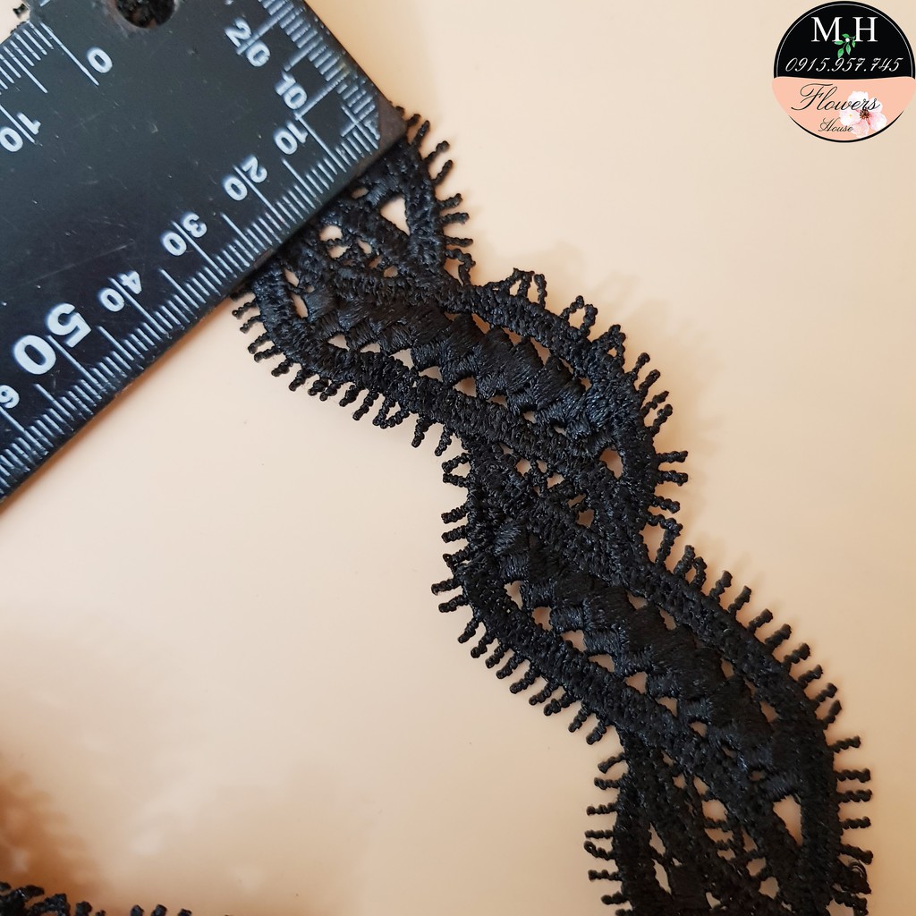 Dây vải ren chỉ đen thêu hình dẫu ngã, bản 3cm, dùng may váy áo, trang trí đồ thủ công
