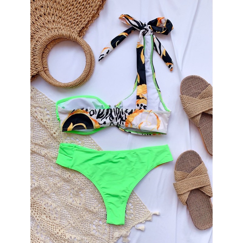 [BKN865] &lt;ÂU&gt; SET BIKINI LỆCH VAI KHUY NGỰC HOẠ TIẾT ĐEN/XANH NEON