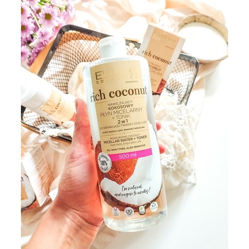[ Tặng bông tẩy trang 100 miếng] Nước tẩy trang Eveline Rich Coconut dưỡng ẩm tinh dầu dừa 2 tác động 500ML