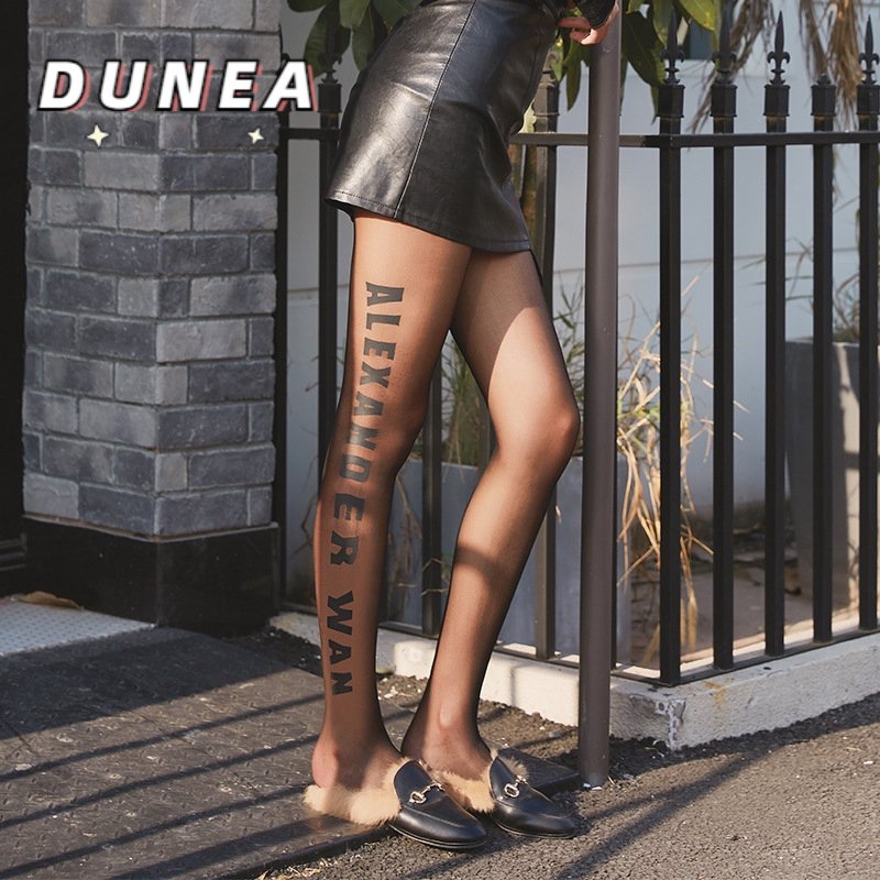 DUNEA Vớ Da Mỏng Xuyên Thấu Họa Tiết Chữ Tiếng Anh Cá Tính Thời Trang Cho Nữ