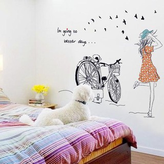 Xả Decal dán tường cô gái và xe đạp dans tường gạch, gỗ