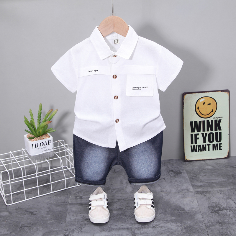 Set Áo Sơ Mi Dài Tay Cổ Lật + Quần Đùi Jeans Phong Cách Hàn Quốc Đáng Yêu Cho Bé Trai 0-5 Tuổi