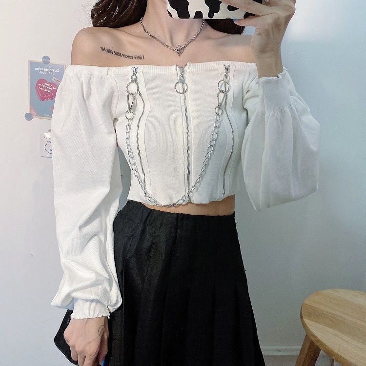 Áo Dệt Kim Tay Dài Trễ Vai Phối Dây Xích Dáng Ngắn Phong Cách Hồng Kông Cổ Điển Thời Trang 2022