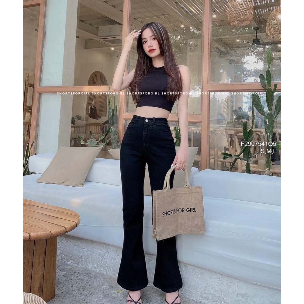 Quần jean đen dai ống loe lai to lưng cao tôn dáng!