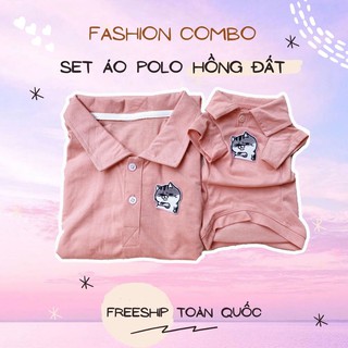 Áo Phông Polo - Combo Áo Cho Chó Mèo Đôi Với Sen Màu Hồng Đất (Có áo lẻ)