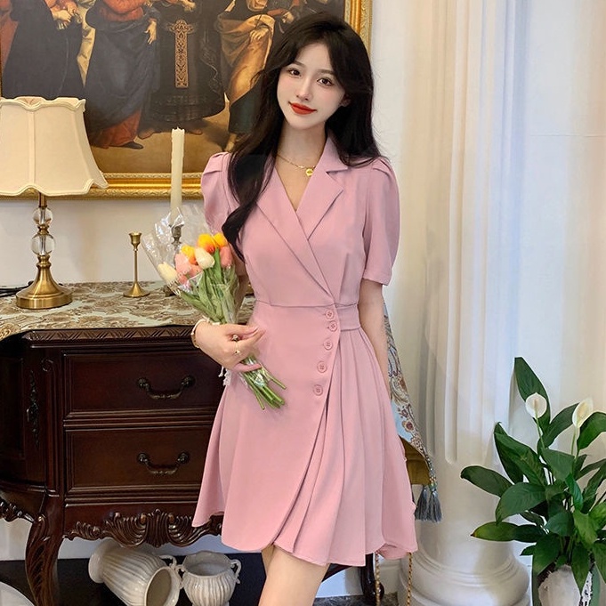 Đầm Tay Phồng Ngắn Cổ Chữ V Xếp Ly Thời Trang Hàn Quốc Xinh Xắn Cho Nữ