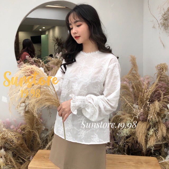 Áo kiểu ren màu trắng cực xinh hoa 2 mẫu hình thật