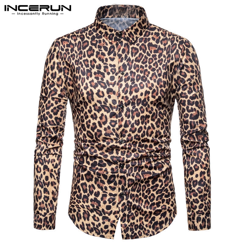 Áo Sơ Mi INCERUN Tay Dài Hoạ Tiết Da Báo Thời Trang Nam