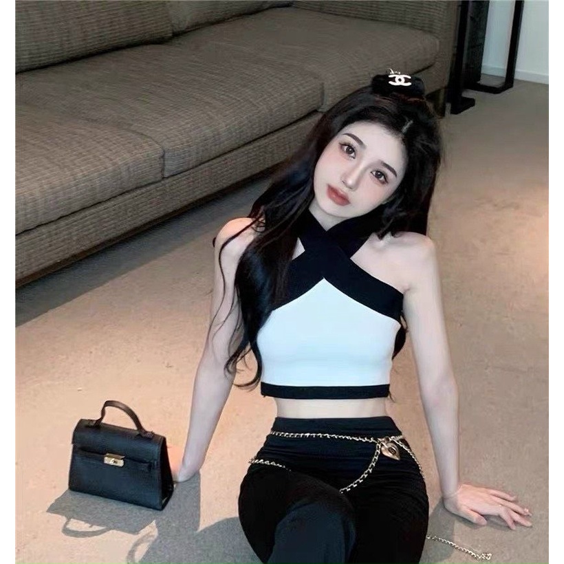 Áo yếm trắng phối màu chéo