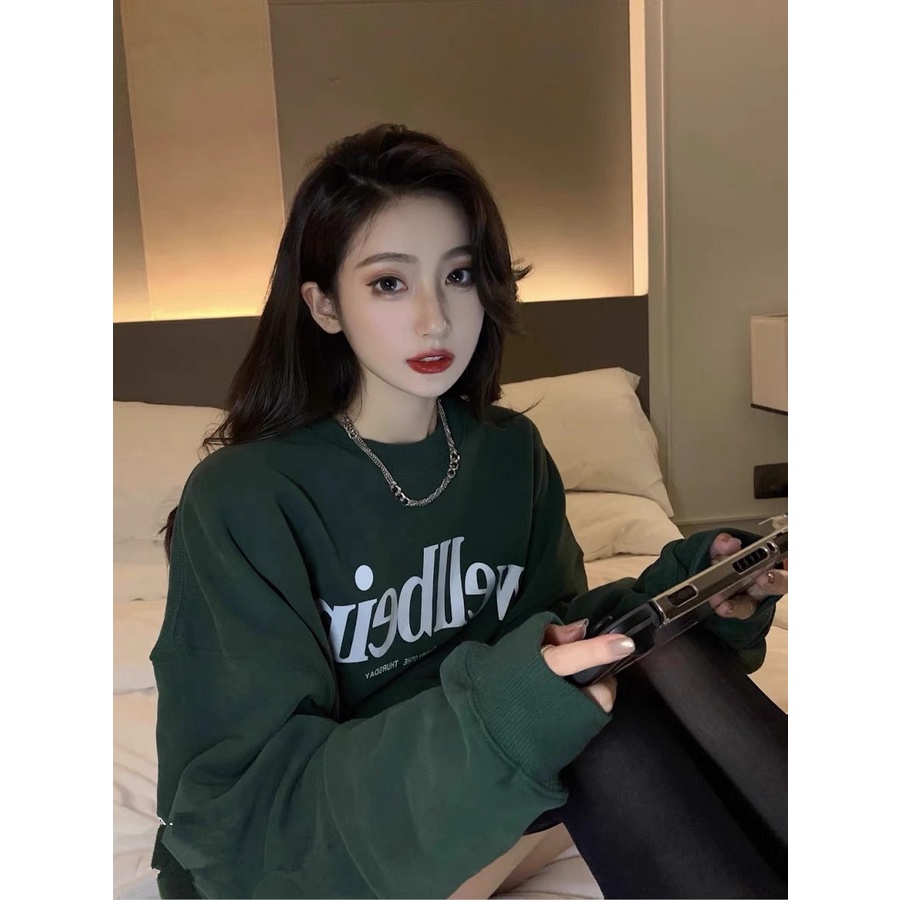 Áo Khoác Nỉ oversize Màu Xanh Lá Đậm Phong Cách Đường Phố Hàn Quốc Cho Nữ