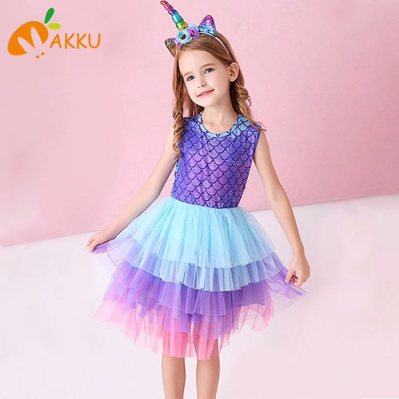 Đầm Bé Gái Từ 4-8 Tuổi Tay Ngắn In Hình Nàng Tiên Cá Nhiều Màu Dễ Thương