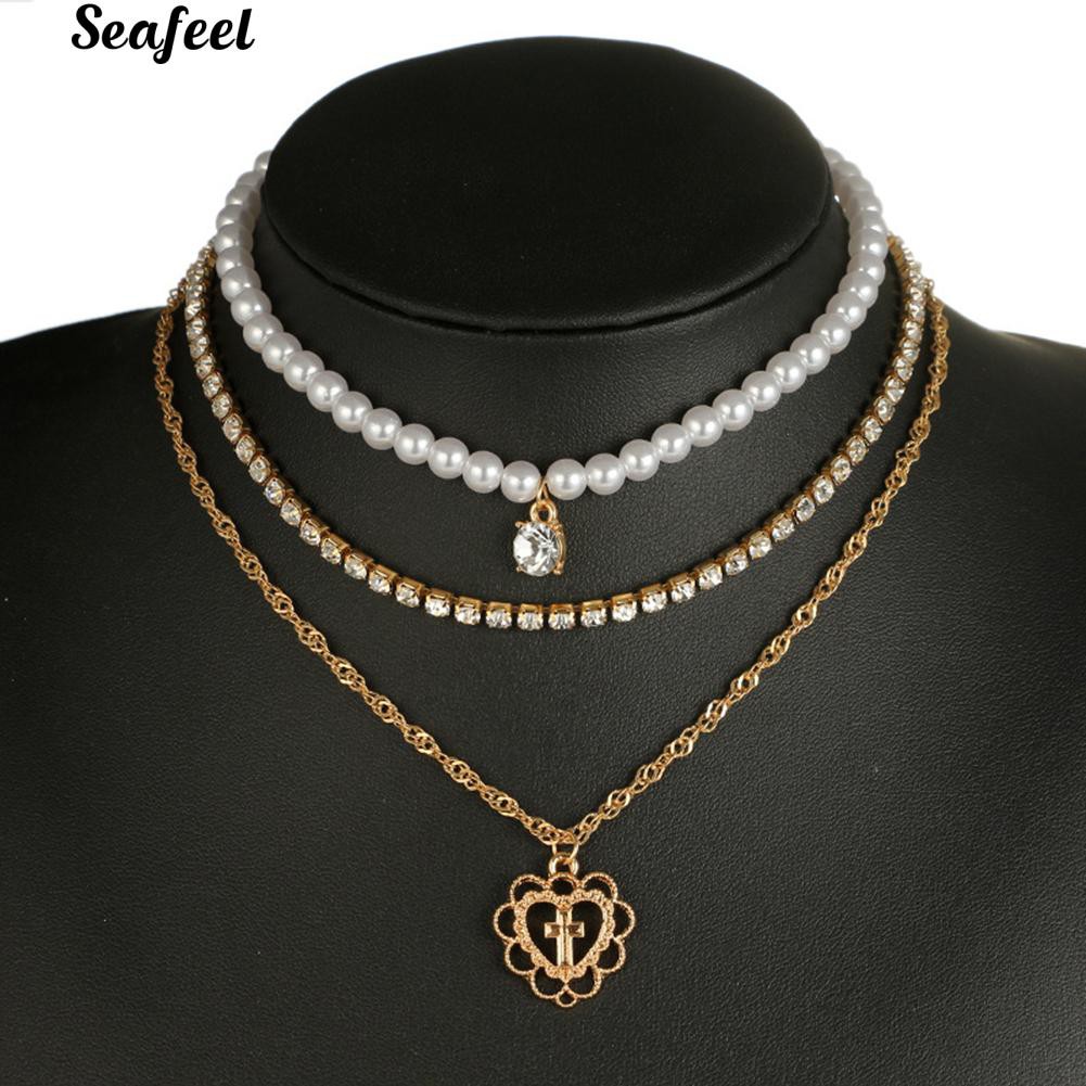 Vòng cổ choker nhiều lớp đính hạt giả ngọc trai