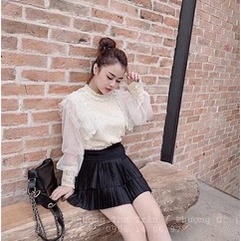 Chân váy xếp ly nhỏ 2 tầng cạp siêu cao màu đen cá tính