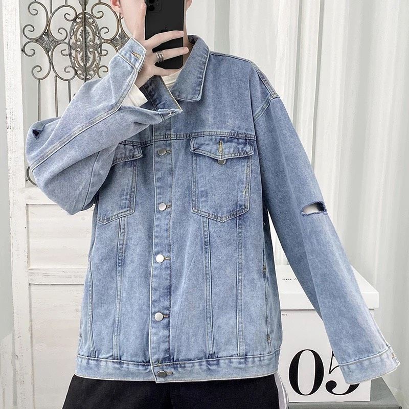 Áo Khoác Jeans Nam Nữ Denim Jacket hàn quốc trơn rách tay màu xanh